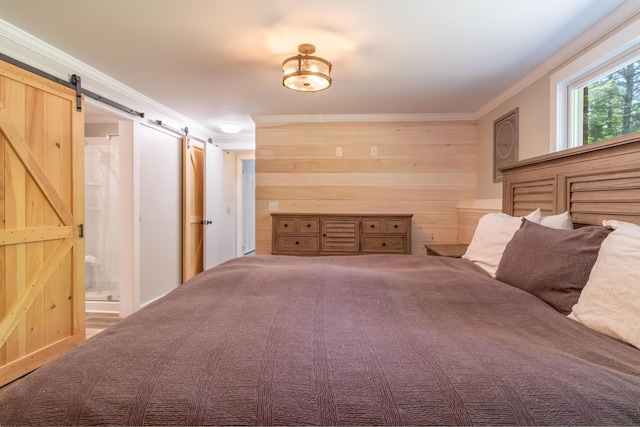 18 Brian Dr, Brewer, ME 04412 - bedroom with a barn door, crown molding, ensuite bath, and wooden walls