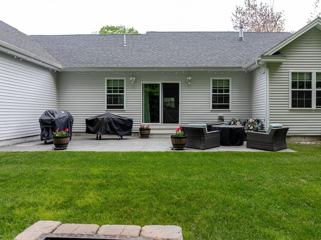 2 Neptune Rd, Old Orchard Beach, ME 04064 - rear view of house featuring outdoor lounge area, a patio, a shingled roof, and a lawn