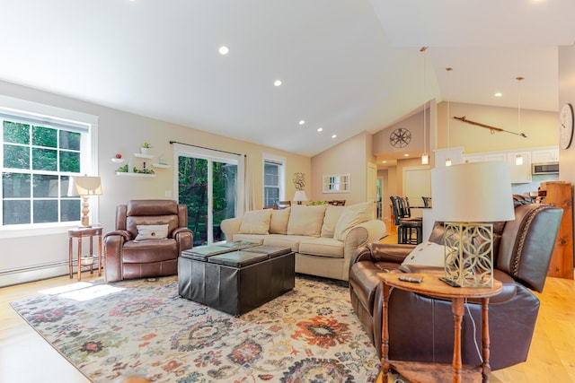 2 Neptune Rd, Old Orchard Beach, ME 04064 - living area featuring a baseboard radiator, light wood-style flooring, recessed lighting, and high vaulted ceiling