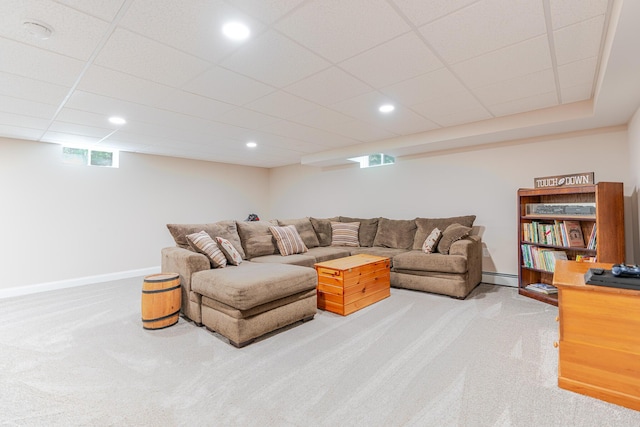 2 Neptune Rd, Old Orchard Beach, ME 04064 - carpeted living area featuring a baseboard radiator, a paneled ceiling, baseboards, and recessed lighting