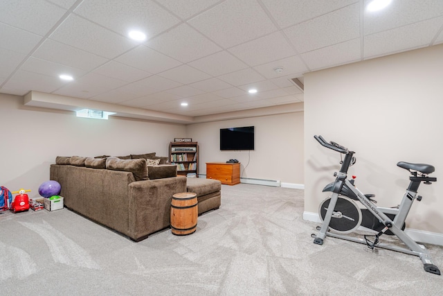 2 Neptune Rd, Old Orchard Beach, ME 04064 - living room featuring baseboard heating, carpet, baseboards, recessed lighting, and a paneled ceiling