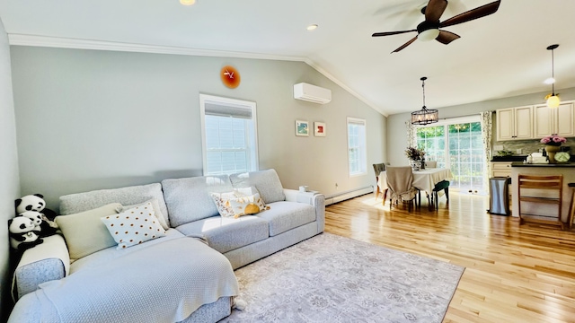 40 Ellis Ct, Bangor, ME 04401 - living room featuring a ceiling fan, baseboard heating, a wall mounted AC, lofted ceiling, and light wood-style floors