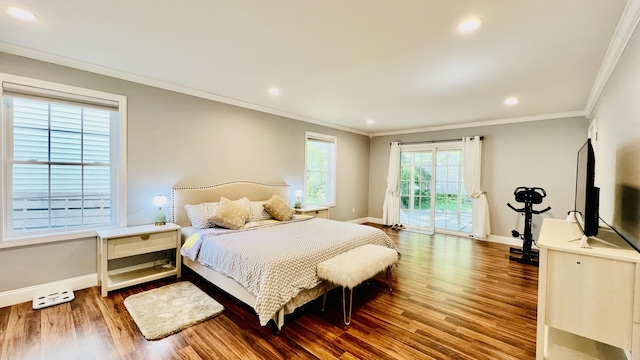 40 Ellis Ct, Bangor, ME 04401 - bedroom featuring access to exterior, baseboards, wood finished floors, recessed lighting, and crown molding