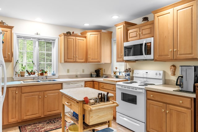 30 Oliver Woods Rd, Nobleboro, ME 04555 - kitchen with white appliances, a sink, light countertops, light tile patterned flooring, and recessed lighting
