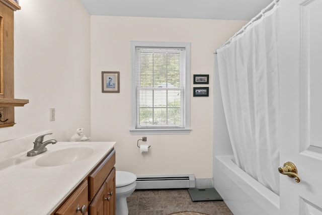 30 Oliver Woods Rd, Nobleboro, ME 04555 - full bathroom with a baseboard heating unit, vanity, toilet, tile patterned flooring, and shower / bath combination with curtain