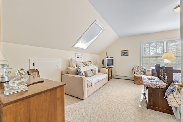 30 Oliver Woods Rd, Nobleboro, ME 04555 - living room with a baseboard heating unit, lofted ceiling, a skylight, and light carpet
