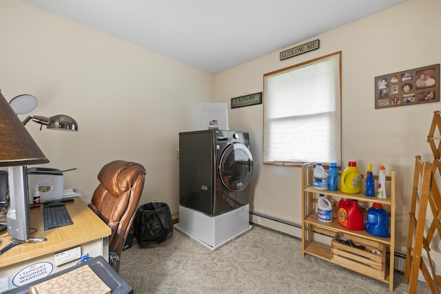 2 Laase Ave, Lewiston, ME 04240 - washroom with washer / dryer, a baseboard radiator, carpet floors, and an office area