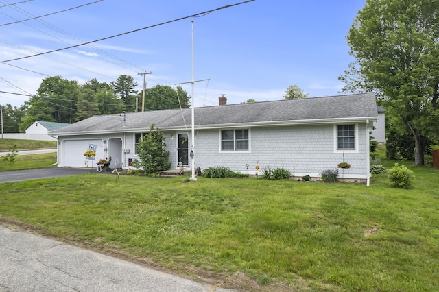 2 Laase Ave, Lewiston, ME 04240 - ranch-style house with driveway, a chimney, a garage, and a front yard