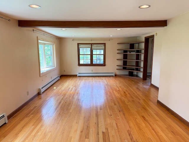 124 Swan Rd, Hermon, ME 04401 - unfurnished living room with a baseboard radiator, beamed ceiling, light wood-style flooring, baseboards, and recessed lighting