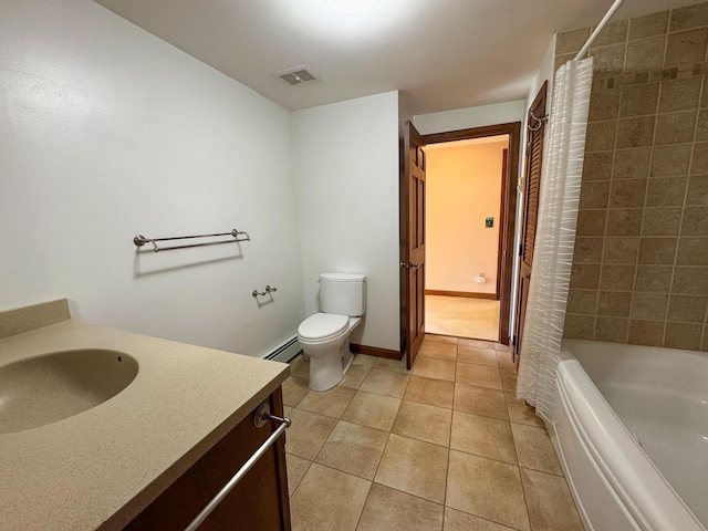 124 Swan Rd, Hermon, ME 04401 - bathroom with vanity, tile patterned floors, toilet, baseboard heating, and shower / bath combo with shower curtain