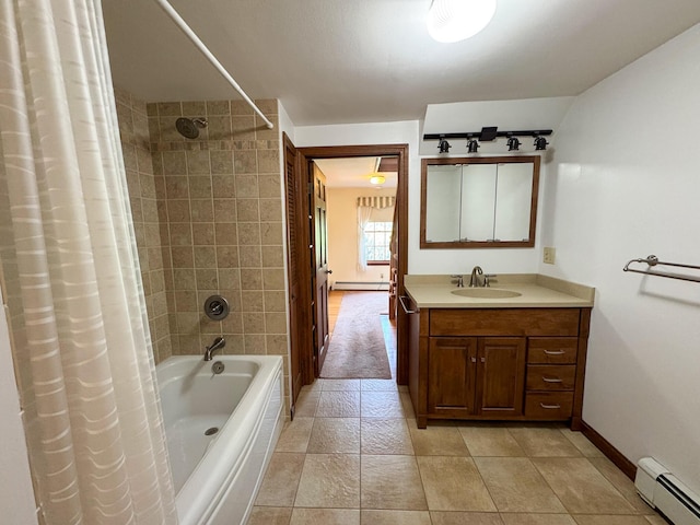 124 Swan Rd, Hermon, ME 04401 - full bath featuring baseboard heating, shower / tub combo with curtain, vanity, and baseboards