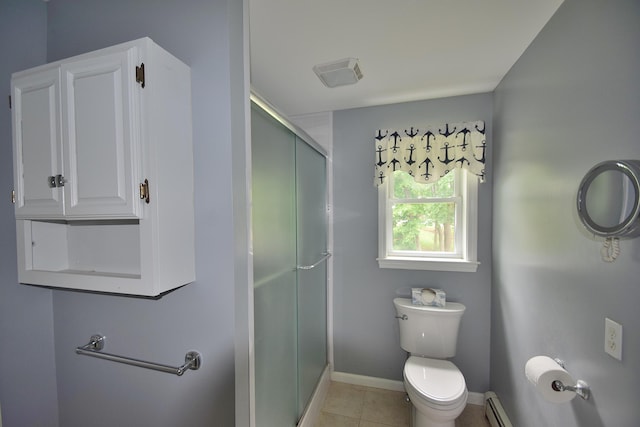 31 Curtis St, South Portland, ME 04106 - bathroom featuring a shower stall, tile patterned floors, and a baseboard radiator