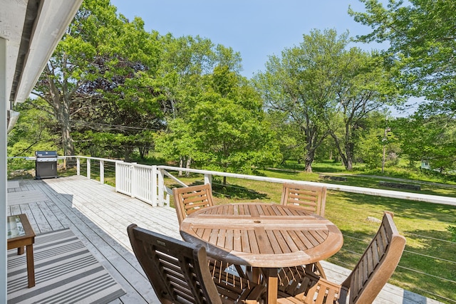 74 Ottawa Ave, Portland, ME 04109 - wooden terrace featuring a lawn, area for grilling, and view of wooded area