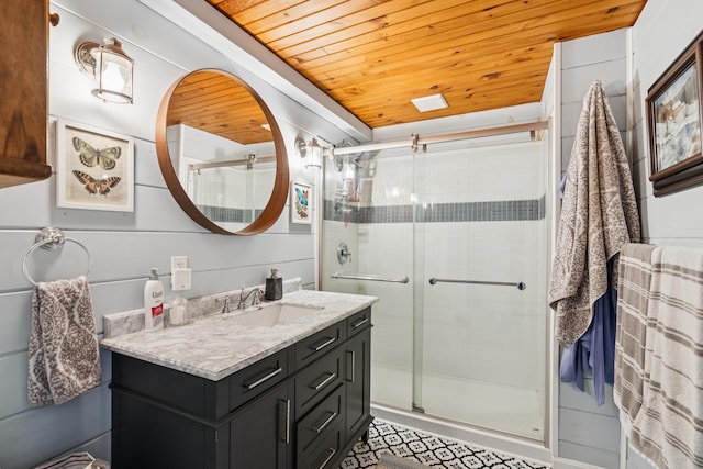 74 Ottawa Ave, Portland, ME 04109 - bathroom with wood ceiling, vanity, and a shower stall