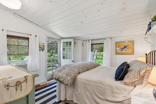 74 Ottawa Ave, Portland, ME 04109 - bedroom with lofted ceiling, access to outside, wood finished floors, and wooden ceiling
