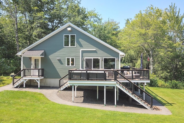 42 Barter Rd, Rockland, ME 04841 - rear view of house with stairway, a lawn, and a wooden deck