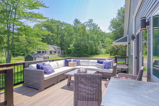 42 Barter Rd, Rockland, ME 04841 - wooden terrace featuring outdoor lounge area and a storage shed