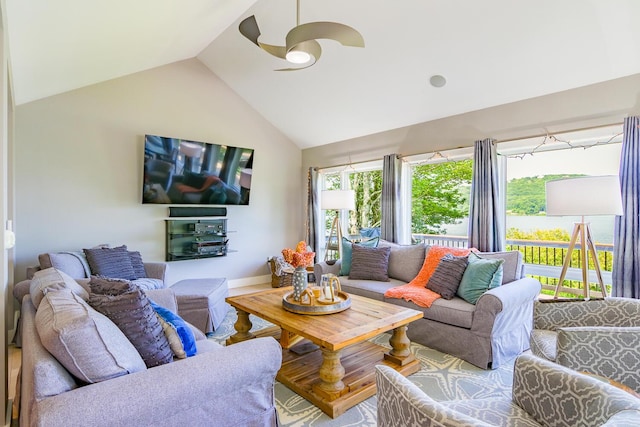 42 Barter Rd, Rockland, ME 04841 - living room with a ceiling fan and high vaulted ceiling