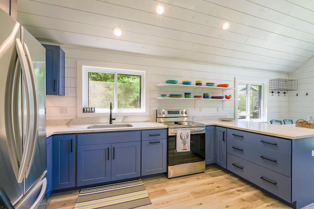 42 Barter Rd, Rockland, ME 04841 - kitchen featuring appliances with stainless steel finishes, blue cabinetry, light countertops, wooden ceiling, and wood walls