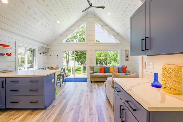 42 Barter Rd, Rockland, ME 04841 - kitchen with lofted ceiling, light wood-style flooring, wood ceiling, light countertops, and ceiling fan