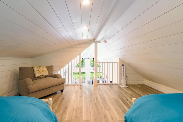 42 Barter Rd, Rockland, ME 04841 - bedroom featuring vaulted ceiling, wood finished floors, and wood walls
