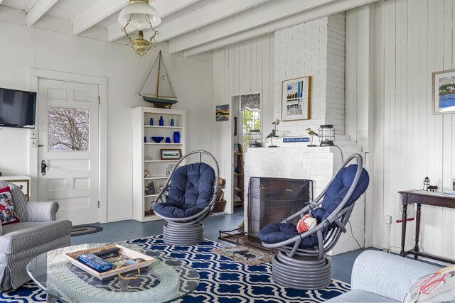 10 S Colony Branch Rd, Harpswell, ME 04079 - living area featuring beamed ceiling and wooden walls