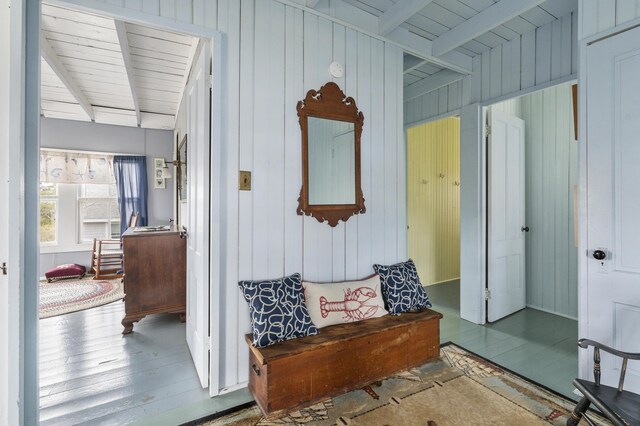 10 S Colony Branch Rd, Harpswell, ME 04079 - hallway featuring beam ceiling, wood finished floors, and wood walls