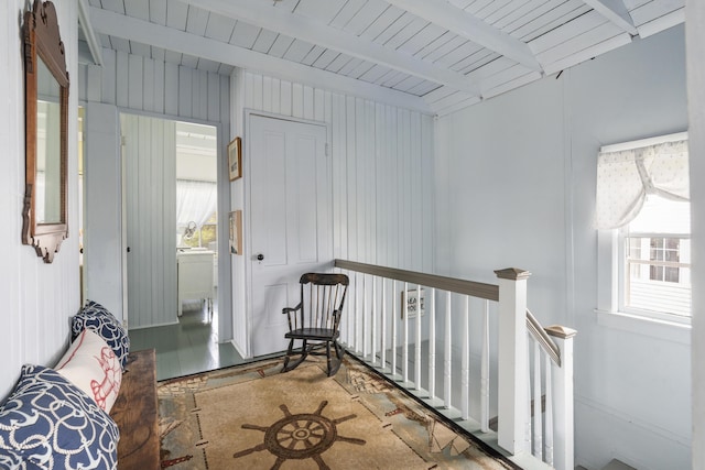 10 S Colony Branch Rd, Harpswell, ME 04079 - hallway featuring plenty of natural light, beamed ceiling, and an upstairs landing