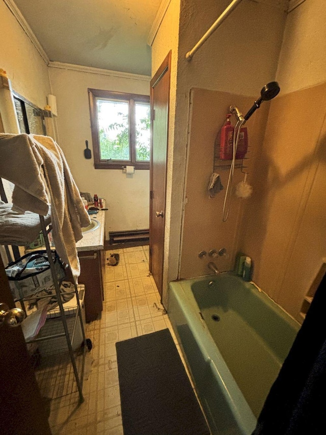 118 Athens Rd, Hartland, ME 04943 - bathroom featuring tile patterned floors, ornamental molding, bathing tub / shower combination, vanity, and a baseboard radiator