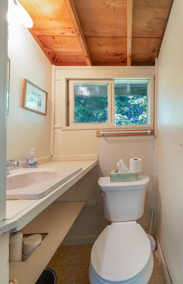 51 W Marginal Rd, Brunswick, ME 04011 - half bath featuring a wood ceiling with exposed beams, vanity, and tile patterned floors