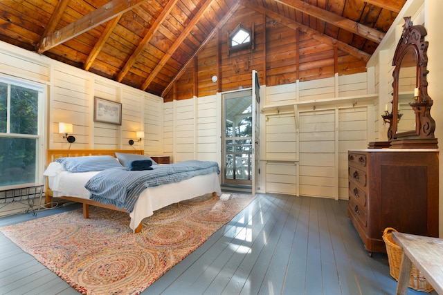 51 W Marginal Rd, Brunswick, ME 04011 - bedroom featuring a wooden ceiling with exposed beams, hardwood / wood-style flooring, wooden walls, access to exterior, and high vaulted ceiling