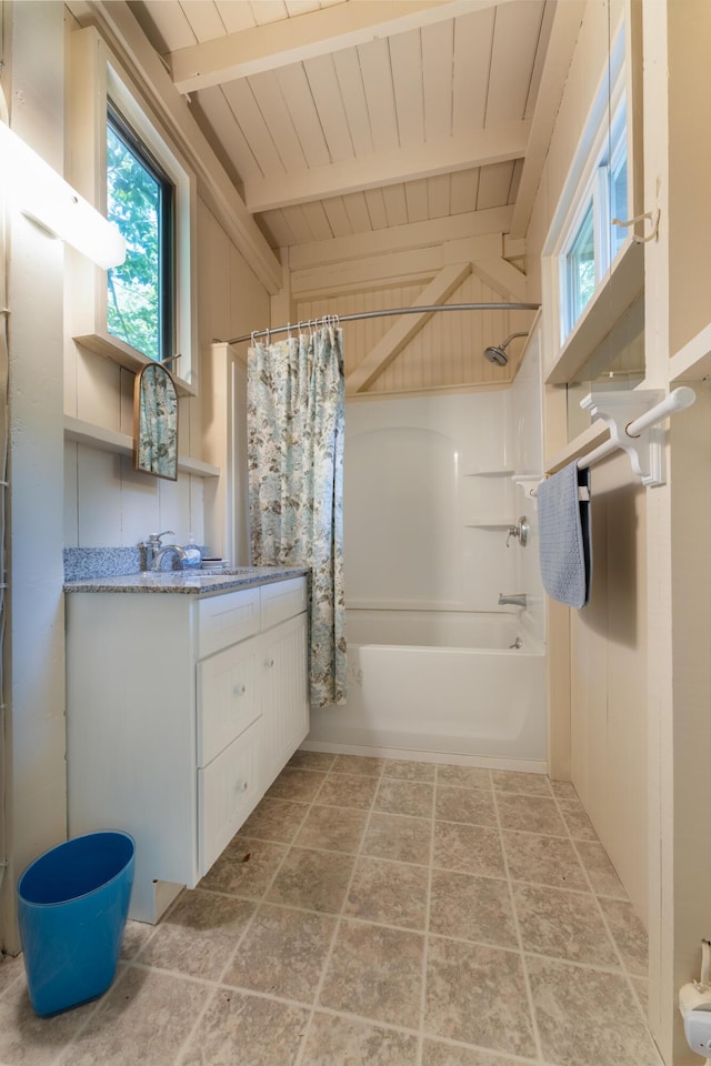 51 W Marginal Rd, Brunswick, ME 04011 - bathroom featuring shower / bath combo with shower curtain, vanity, wooden ceiling, and stone finish floors
