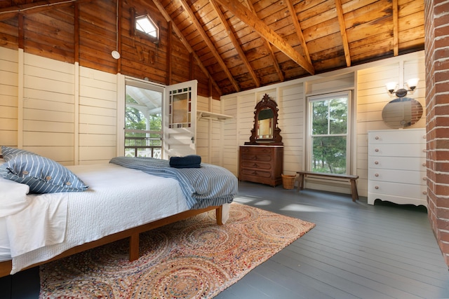 51 W Marginal Rd, Brunswick, ME 04011 - bedroom featuring wooden ceiling, multiple windows, access to exterior, hardwood / wood-style flooring, and wooden walls