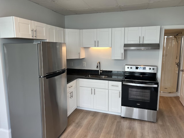 34 Birch St, Biddeford, ME 04005 - kitchen with stainless steel appliances, a sink, under cabinet range hood, a paneled ceiling, and light wood-style floors
