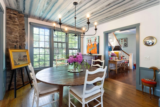 33 Rocky Ln, Ogunquit, ME 03907 - dining space featuring wood finished floors, stairway, a chandelier, and wooden ceiling