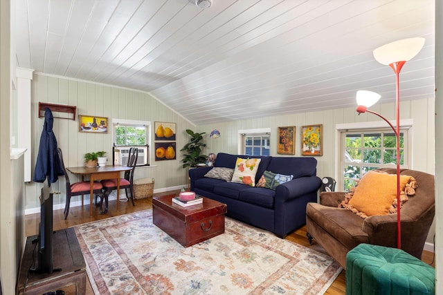 33 Rocky Ln, Ogunquit, ME 03907 - living room with wood finished floors, wooden ceiling, lofted ceiling, and cooling unit