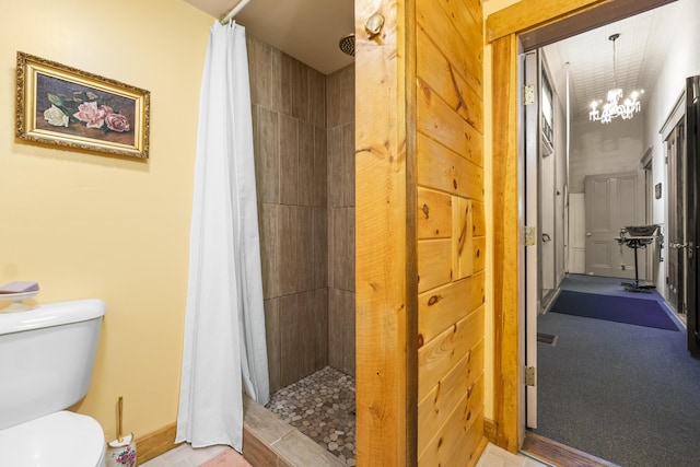 85 Friendship Rd, Waldoboro, ME 04572 - bathroom with tiled shower and a chandelier