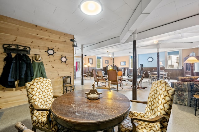 85 Friendship Rd, Waldoboro, ME 04572 - carpeted dining room featuring wooden walls