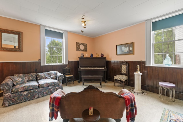85 Friendship Rd, Waldoboro, ME 04572 - carpeted living room with a wainscoted wall, wooden walls, plenty of natural light, and ornamental molding