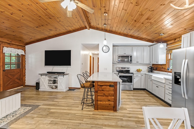 509 Upper Guinea Rd, Lebanon, ME 04027 - kitchen featuring appliances with stainless steel finishes, wooden ceiling, light wood finished floors, light countertops, and a ceiling fan