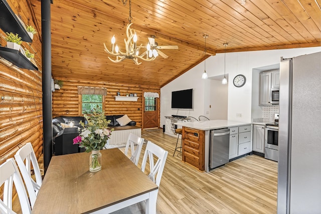 509 Upper Guinea Rd, Lebanon, ME 04027 - dining area featuring log walls, wood ceiling, light wood finished floors, a chandelier, and a wood stove