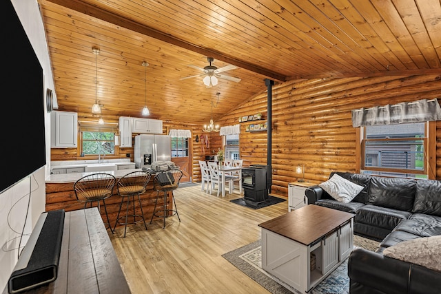 509 Upper Guinea Rd, Lebanon, ME 04027 - living room featuring rustic walls, light wood-type flooring, ceiling fan, a wood stove, and wooden ceiling