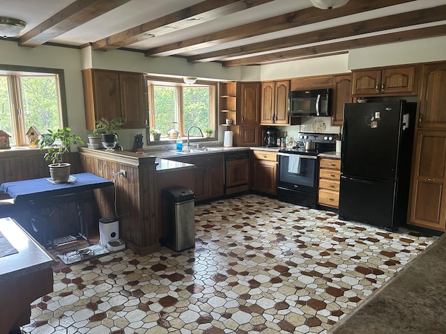 8 Camp Rd, Hartford, ME 04220 - kitchen featuring black appliances, beam ceiling, a sink, healthy amount of natural light, and open shelves