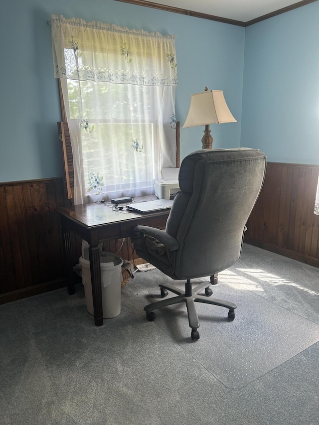 8 Camp Rd, Hartford, ME 04220 - office area featuring wainscoting, wooden walls, carpet floors, and crown molding