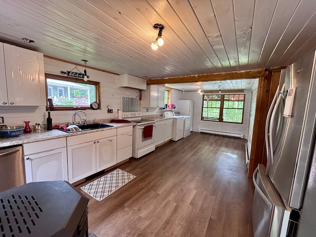 18 Kimball Rd, Bridgton, ME 04009 - kitchen featuring appliances with stainless steel finishes, a baseboard heating unit, wood ceiling, a sink, and white cabinets