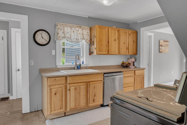 133 Middlesex Rd, Topsham, ME 04086 - kitchen featuring stainless steel dishwasher, a sink, light brown cabinets, and light countertops