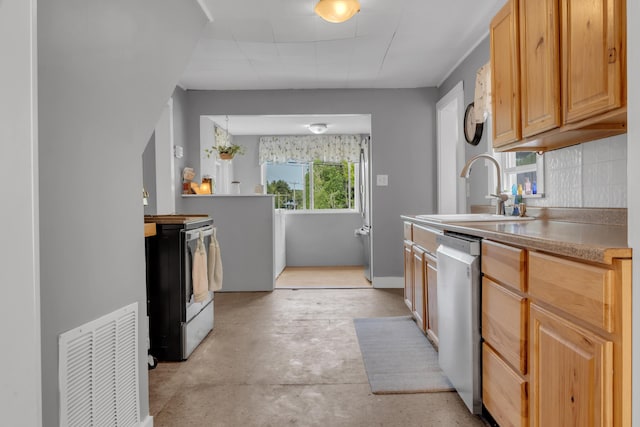 133 Middlesex Rd, Topsham, ME 04086 - kitchen with range with electric cooktop, stainless steel dishwasher, a sink, unfinished concrete floors, and decorative backsplash