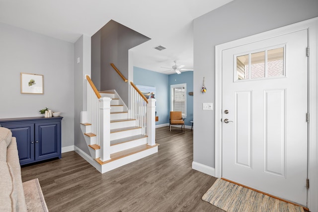 46 Patriot Way Unit 135, Arundel, ME 04046 - foyer with wood finished floors, baseboards, ceiling fan, and stairs