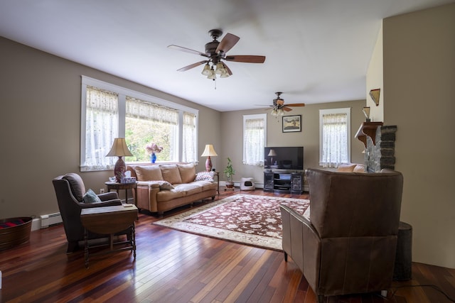 15 Brookview Dr, Bucksport, ME 04416 - living area with a baseboard heating unit, hardwood / wood-style floors, and a ceiling fan