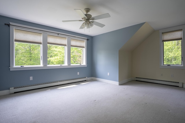 15 Brookview Dr, Bucksport, ME 04416 - additional living space with baseboard heating, light carpet, a ceiling fan, and baseboards